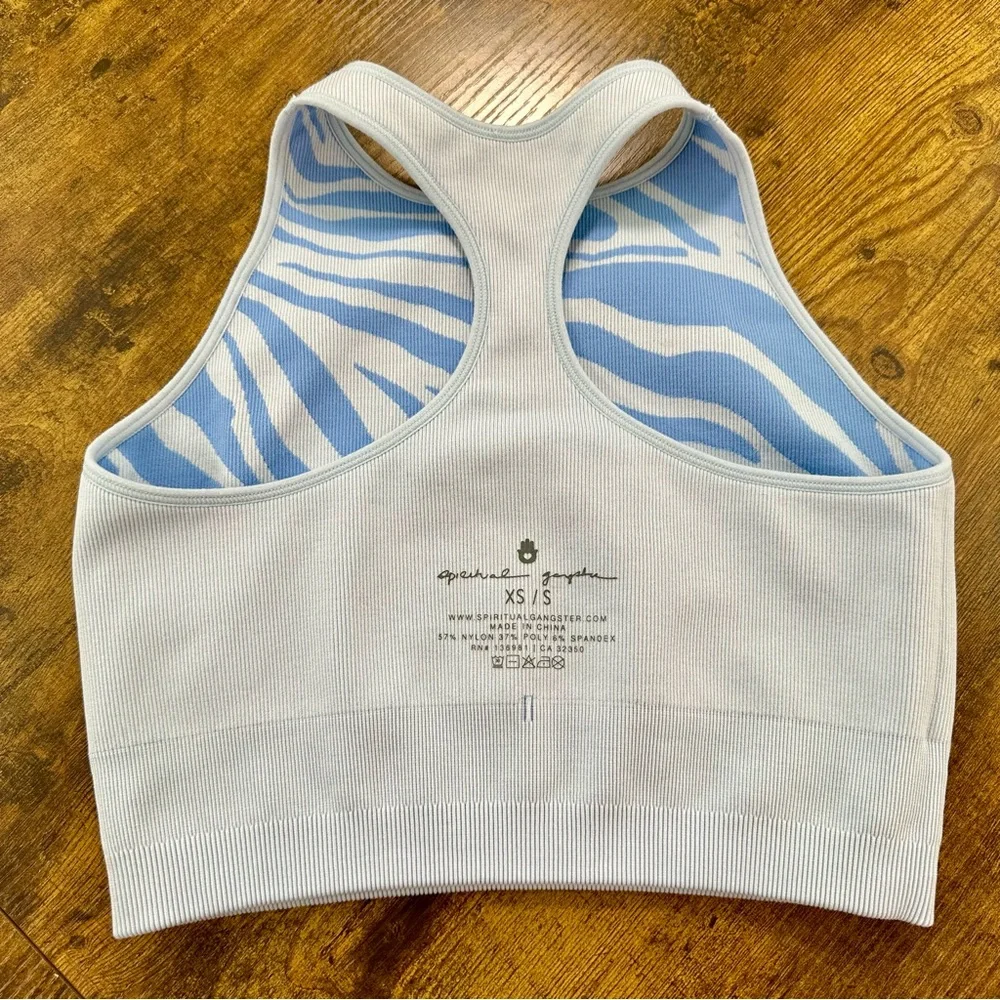 Spiritual Gangster High Neck Jacquard Bra, Light Blue Zebra Crop Bralette, S/XS